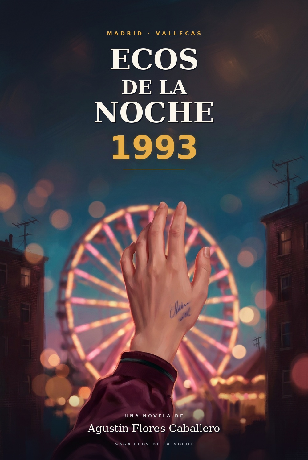 Portada de Ecos de la Noche 1993: una mano alzada ante las luces de la feria de Vallecas
